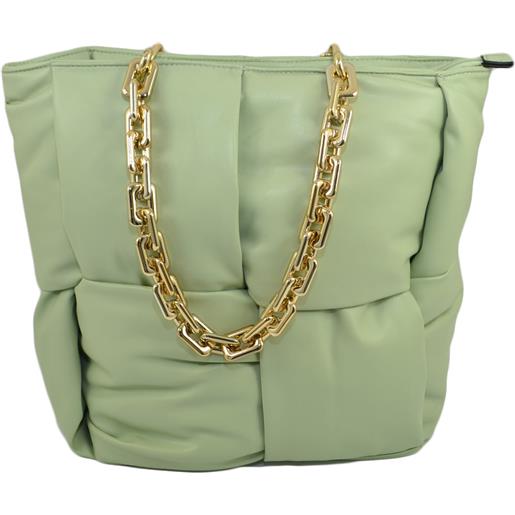 Malu Shoes borsa donna grande verde salvia pillow-bag con catena oro chiusura con zip capiente morbida comoda