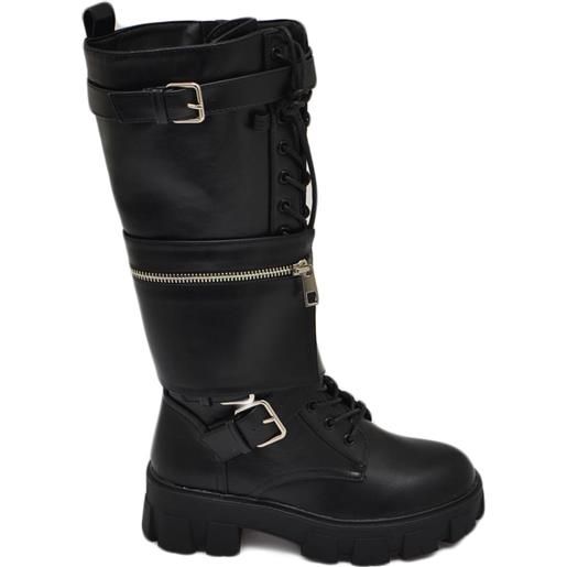 Malu Shoes stivali donna combat anfibi nero con zeppa carrarmato e zip cinghie laterali rimovibili lacci