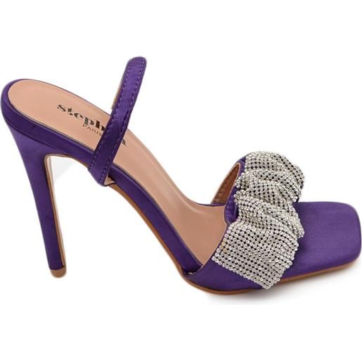 Malu Shoes sandalo gioiello viola donna tacco 10 fascia arricciata di strass luccicanti cerimonia evento cinturino frontale