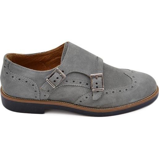 Malu Shoes scarpe uomo doppia fibbia grigio in vera pelle morbida scamosciata con suola in gomma sottile bicolore classico sportivo