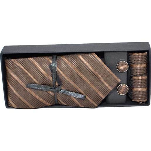 Malu Shoes set cravatta pochette e gemelli in raso marrone striato confezione regalo per professionisti e collezionisti