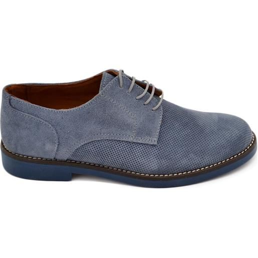 Malu Shoes scarpe uomo stringate blu in vera pelle morbida scamosciata puntinata con suola gomma sottile moda classico sportivo