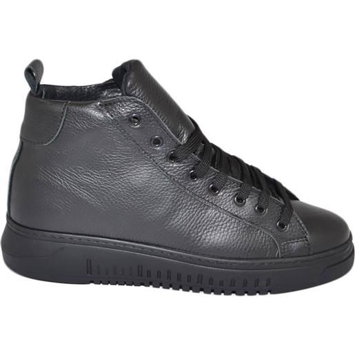 Malu Shoes sneakers uomo alta stivaletto in vera pelle bottolata nero fondo army alto in tinta made in italy moda