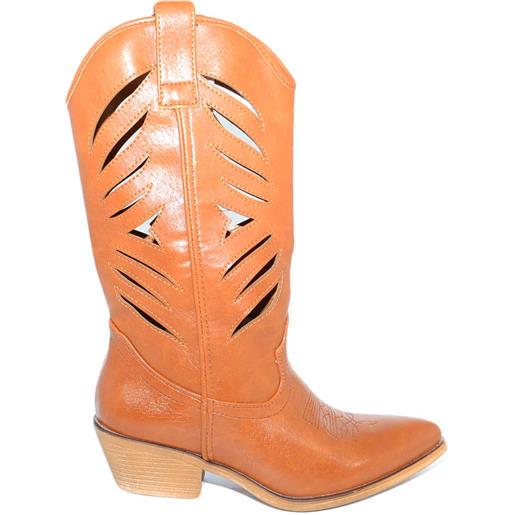 Malu Shoes stivali donna camperos texani stile western cuoio con gambale traforato fantasia laser tacco basso altezza polpaccio