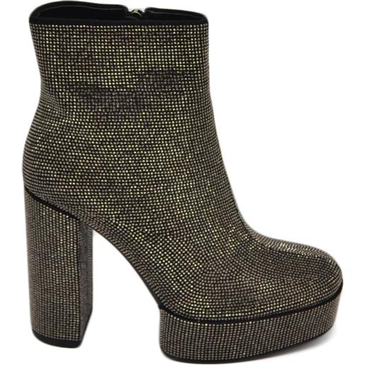 Malu Shoes tronchetto donna platform nero con brillantini in rilievo punta tonda con tacco doppio 15cm e plateau 5 zip laterale