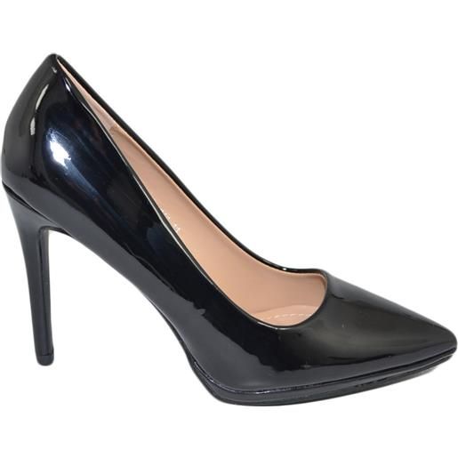 Malu Shoes decollete' donna punta nero tacco a spillo 12 plateau davanti vernice comode lucido scarpe cerimonie eventi