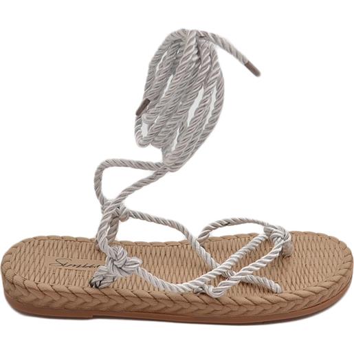 Malu Shoes sandali bassi donna grigio con corda di canapa alla caviglia suola in cordone e gomma moda mykonos a gladiatore