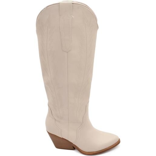 Malu Shoes stivali donna camperos texani stile western beige con cucitura in rilievo tinta unita tacco 5 cm altezza polpaccio