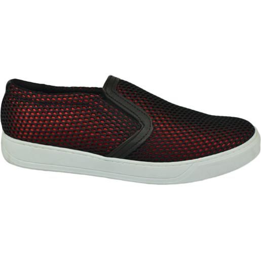 Malu Shoes scarpe uomo slip on mocassino nero a base rosso con suola sportiva elastico laterale comodo in pelle e tela intrecciato