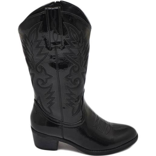 Malu Shoes stivali donna camperos texani stile western neri con fantasia laser su ecopelle tinta unita lucida altezza polpaccio