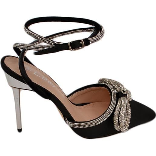 Malu Shoes decollete' donna gioiello elegante fiocco strass in raso nero con tacco a spillo 120 e cinturino scintillante moda