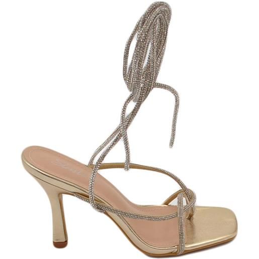 Malu Shoes sandalo gioiello oro donna tacco 12 fascia sottile di strass luccicanti cerimonia lacci con strass alla caviglia