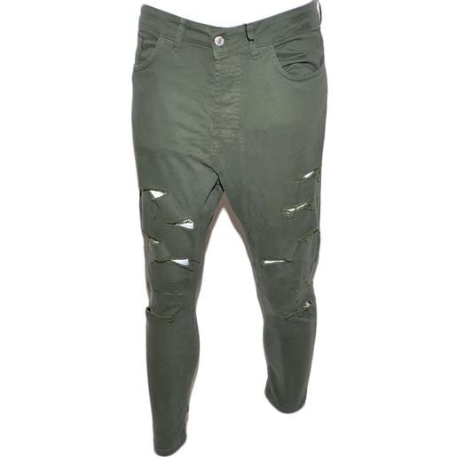 Malu Shoes pantaloni uomo verde militare chino con strappi slim fit in cotone tinta unita linea giovane elasticizzato