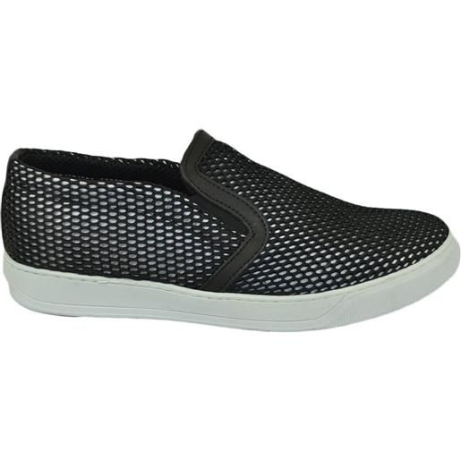Malu Shoes scarpe uomo slip on mocassino nero a base bianca con suola sportiva elastico laterale comodo in pelle e tela intrecciato