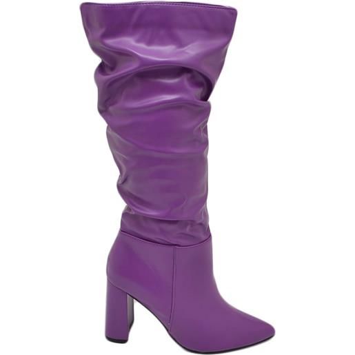 Malu Shoes stivali donna alti in ecopelle viola al ginocchio a punta arricciati con zip tacco doppio 10 evergreen