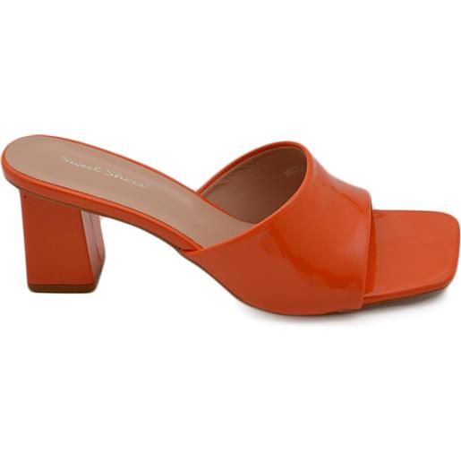 Malu Shoes sandali donna mules sabot con tacco grosso 7 cm fascetta larga lucidi arancione comodo ciabi moda tendenza