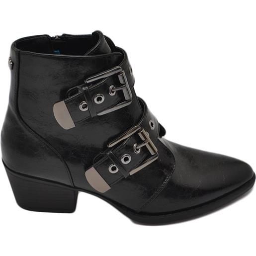 Malu Shoes stivaletto donna tronchetto comodo tacco basso nero semilucido con 2 fibbie argento made in italy