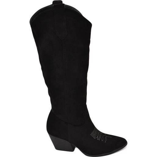 Malu Shoes stivali texani camperos donna lisci in camoscio nero al ginocchio con tacco legno 7 cm western moda zip