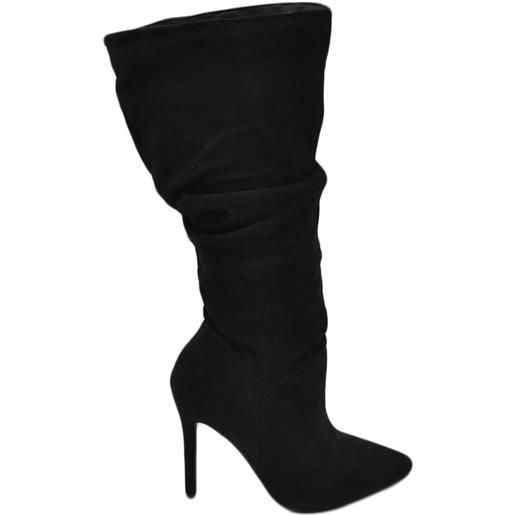 Malu Shoes stivali donna alti in camoscio nero al ginocchio a punta arricciati con zip tacco spillo 10cm