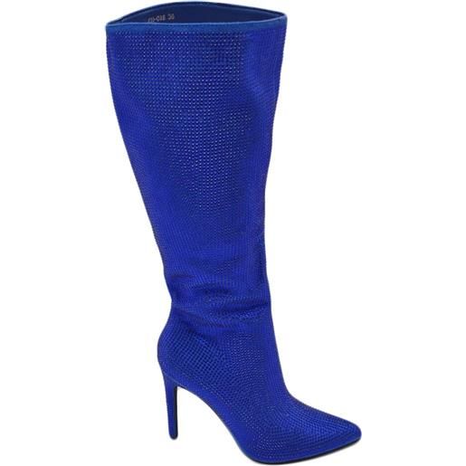 Malu Shoes stivale alto blu royal donna ginocchio ricoperto di strass tacco a spillo 12 aderente con zip a punta moda cerimonia