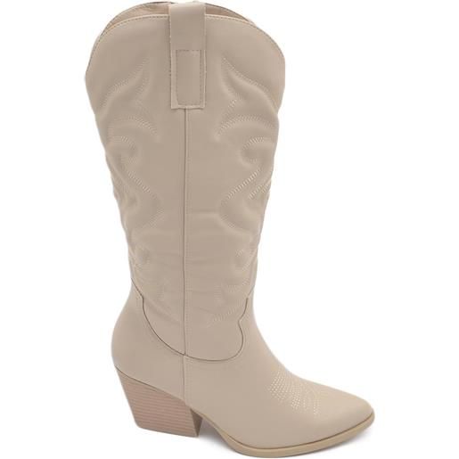 Malu Shoes stivali texani camperos donna lavorati beige chiaro al ginocchio con tacco 7 cm western tinta unita moda zip