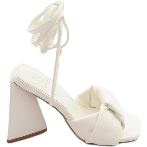 Malu Shoes sandali donna mules pantofoline sabot bianco ntrecciato con tacco largo asimmetrico alto 10 lacci alla caviglia moda