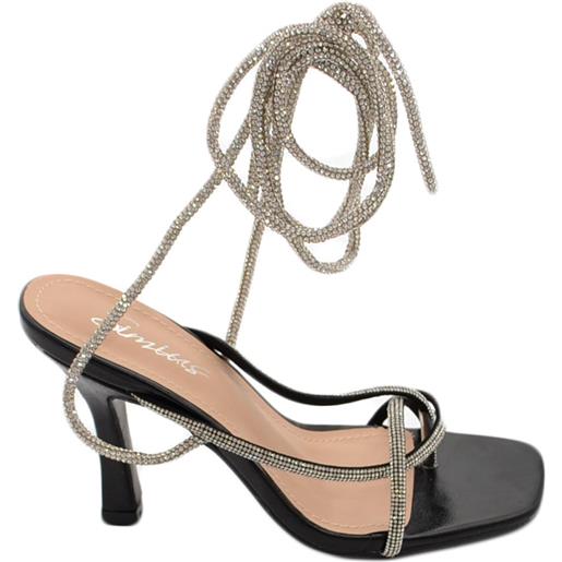 Malu Shoes sandalo gioiello nero donna tacco 12 fascia sottile di strass luccicanti cerimonia lacci con strass alla caviglia