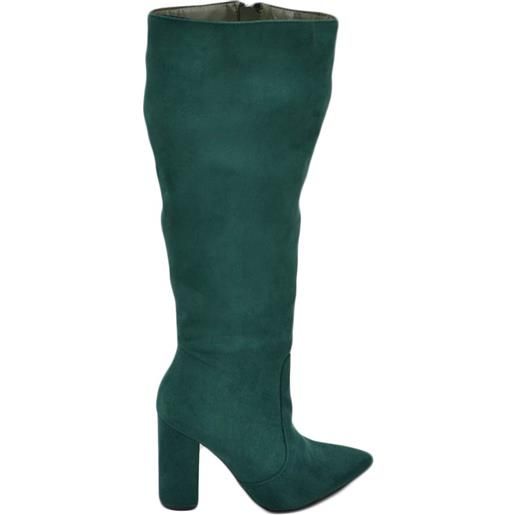 Malu Shoes stivale donna alto rigido in camoscio verde scuro tacco largo liscio linea basic a punta moda altezza ginocchio zip