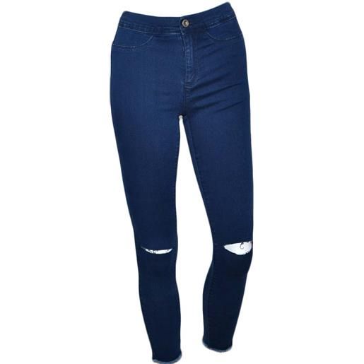 Malu Shoes jeans donna slimfit high waist a vita alta lavaggio blu scuro strappo al ginocchio denim elasticizzati