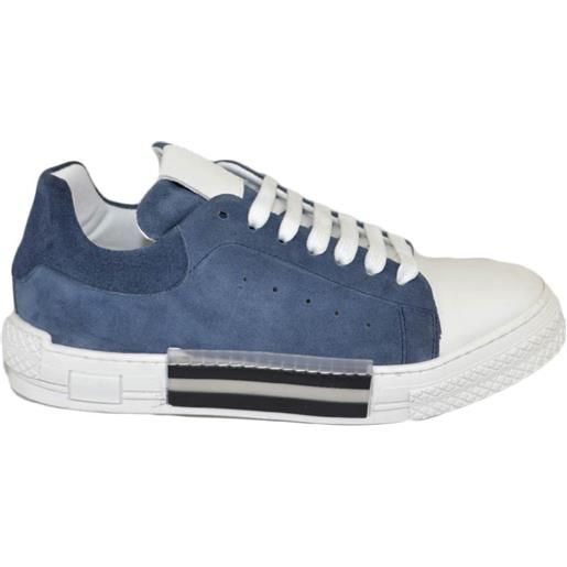 Malu Shoes custom 511 sneakers bicolore uomo in vera pelle camoscio blu jeans punta bianca doppi lacci in tinta moda made in italy