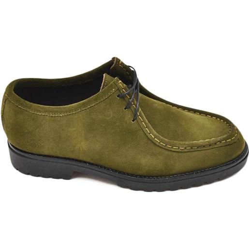 Malu Shoes scarpa uomo modello ingegnere in vera pelle scamosciata verde militare con gomma nera ultraleggera e lacci tono su tono