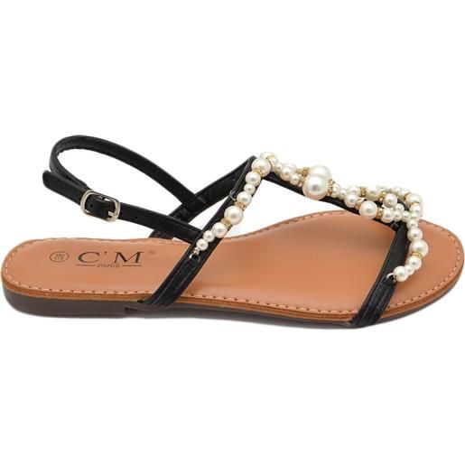Malu Shoes sandalo basso positano donna nero fascette con perle dettagli oro cinturino alla caviglia antiscivolo basic