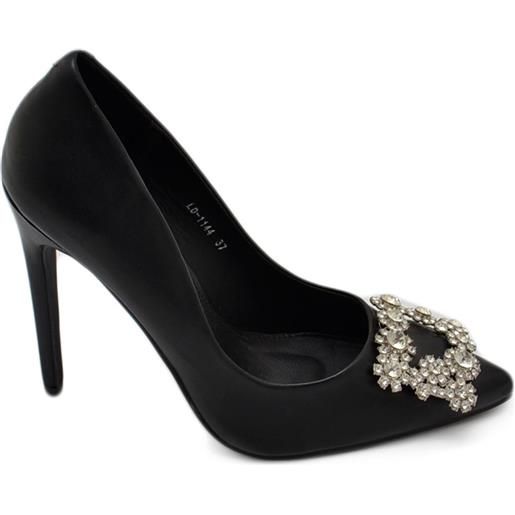Malu Shoes scarpa decollete' donna a punta in pelle nera con accessorio spilla di strass luminosi argento tacco sottile 12 cm