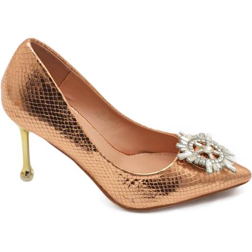 Malu Shoes decolette' scarpa donna in laminato lucido cocco oro rosa gioiello spilla bussola argento in punta tacco sottile 12 cm