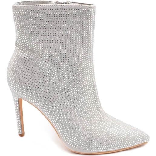 Malu Shoes scarpa tronchetto mezzo stivaletto donna a punta argento con tacco 12 luccicante con strass zip elegante