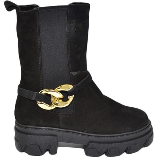 Malu Shoes stivaletti donna chelsea boots combat vera pelle camoscio nero fondo alto elastico catena removibile made in italy