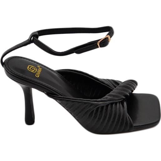 Malu Shoes sandalo tacco nero a punta quadrata con nodo plissettato tacco sottile 12 cm chiusura alla caviglia moda cerimonia