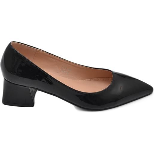 Malu Shoes decollete' donna basso a punta in vernice lucido nero con tacco quadrato 4 cm linea basic