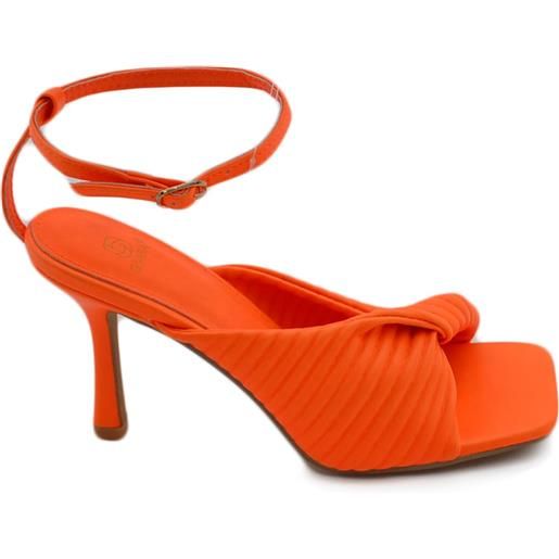Malu Shoes sandalo tacco arancione a punta quadrata con nodo plissettato tacco sottile 12 cm chiusura alla caviglia moda cerimonia