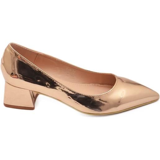 Malu Shoes decollete' donna basso a punta in vernice lucido oro rosa champagne con tacco quadrato 4 cm linea basic