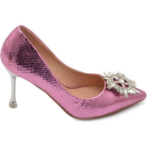 Malu Shoes decolette' scarpa donna in laminato lucido cocco fucsi rosa gioiello spilla bussola argento in punta tacco sottile 12 cm
