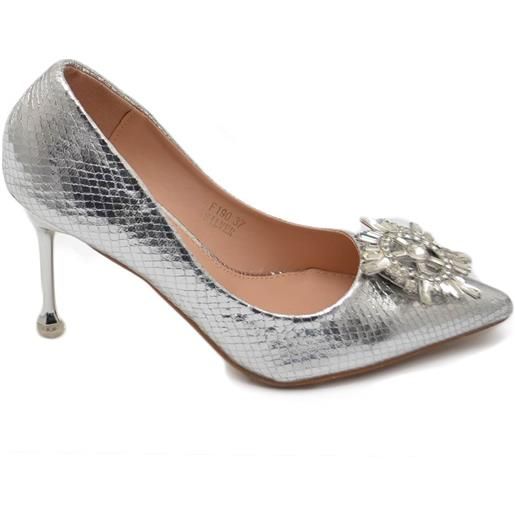 Malu Shoes decolette' scarpa donna in laminato lucido cocco argento gioiello spilla bussola argento in punta tacco sottile 12 cm