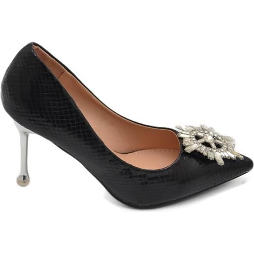 Malu Shoes decolette' scarpa donna in laminato lucido cocco nero gioiello spilla bussola argento in punta tacco sottile 12 cm