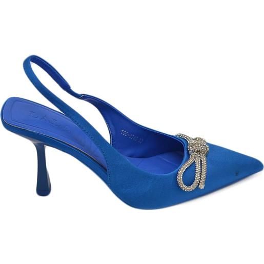 Malu Shoes decollete' donna gioiello elegante fiocco strass in raso blu royal tacco a spillo 80 slingback fisso moda