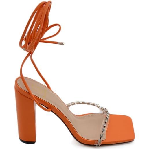 Malu Shoes sandalo donna gioiello open toe arancione intrecciato tacco doppio 10 strass luccicanti cerimonia lacci alla caviglia