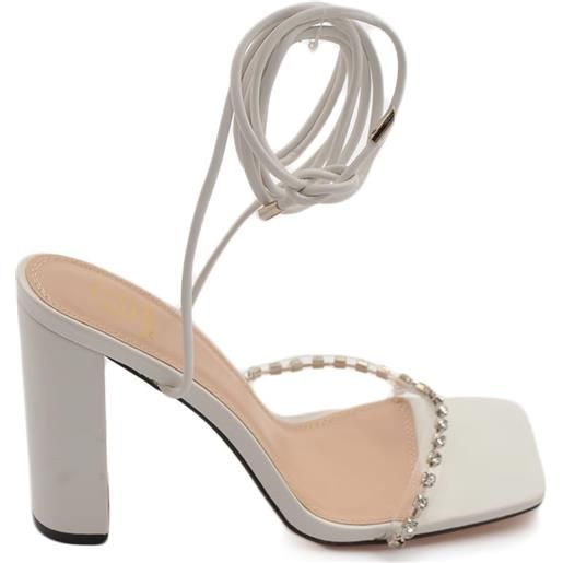 Malu Shoes sandalo donna gioiello open toe bianco intrecciato tacco doppio 10 strass luccicanti cerimonia lacci alla caviglia