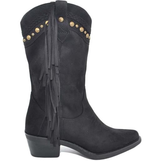 Malu Shoes stivali donna camperos texani neri con frange e borchie in camoscio stile western a punta altezza polpaccio con zip