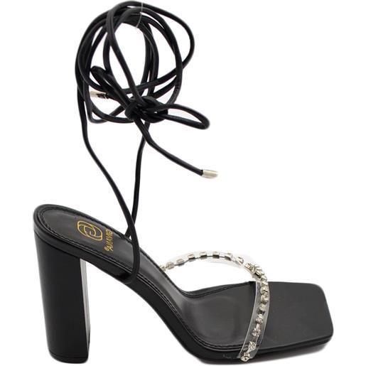 Malu Shoes sandalo donna gioiello open toe nero intrecciato tacco doppio 10 strass luccicanti cerimonia lacci alla caviglia