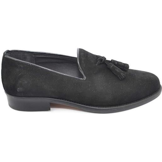 Malu Shoes scarpa mocassino uomo slip on elegante nero in camoscio rifiniture pelle e bon bon in vera pelle fondo cuoio business