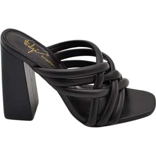 Malu Shoes sandalo donna nero mules sabot con tacco largo comodo 12 fasce effetto intrecciato moda estate